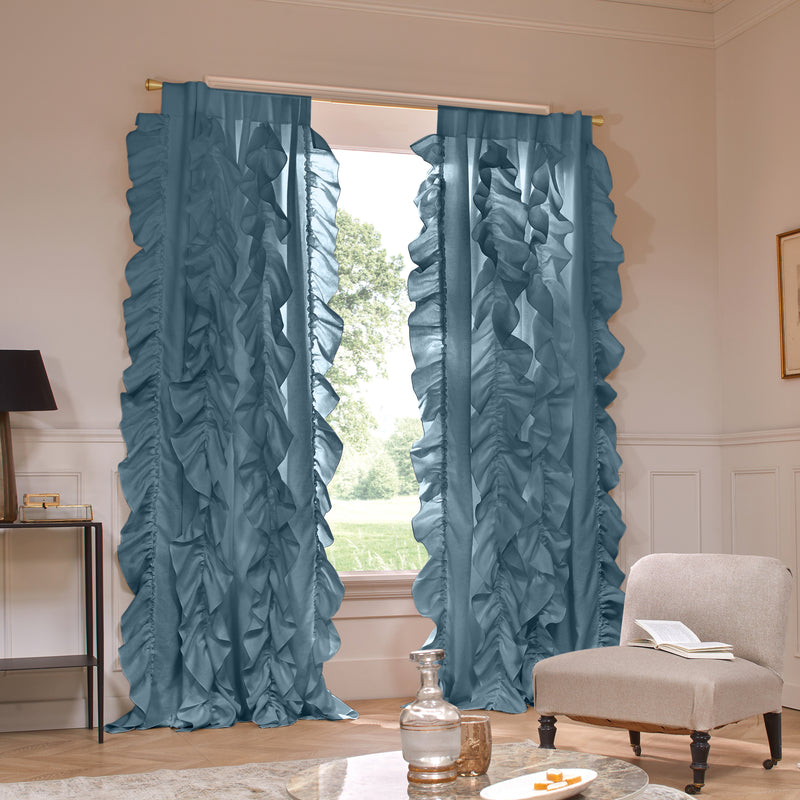Custom ruffled Linen curtain blue