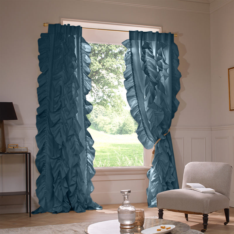 Custom drops Ruffles Linen curtains blue