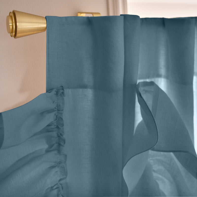 Custom drops Ruffles Linen curtain top blue