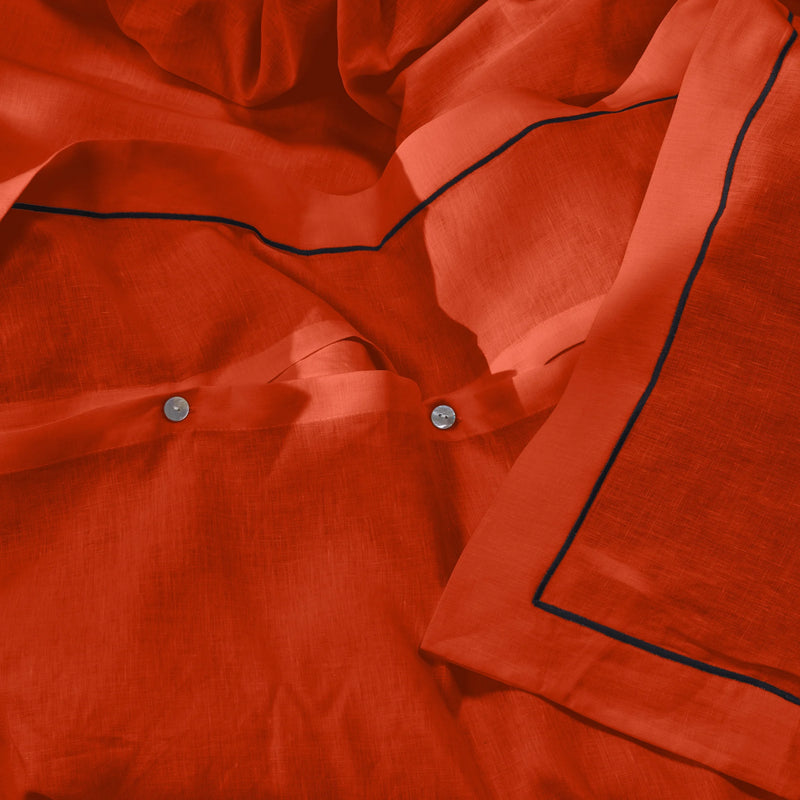 Bourdon border coral linen duvet cover 