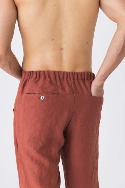 Linen Men's Casual Trousers back pockets  brick red11