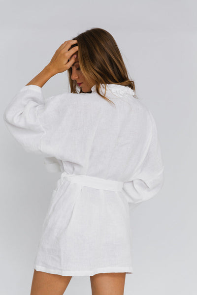 Ruffled Linen Nightgown Bathrobe back white 15