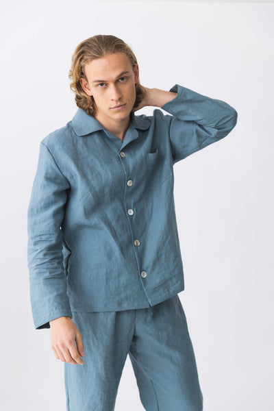 Mens Linen Pajamas Set  French blue