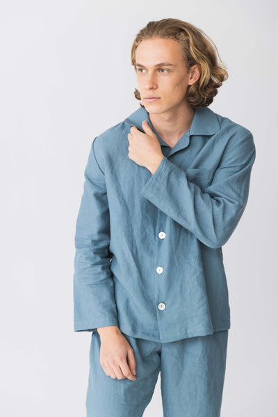 Men's French Linen Pajamas Vest Blue11