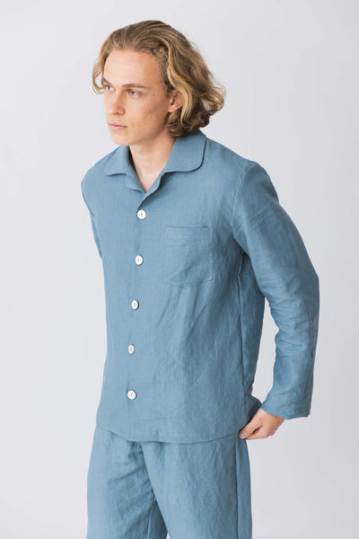 Classic Linen Pajamas Set For Mens  French blue