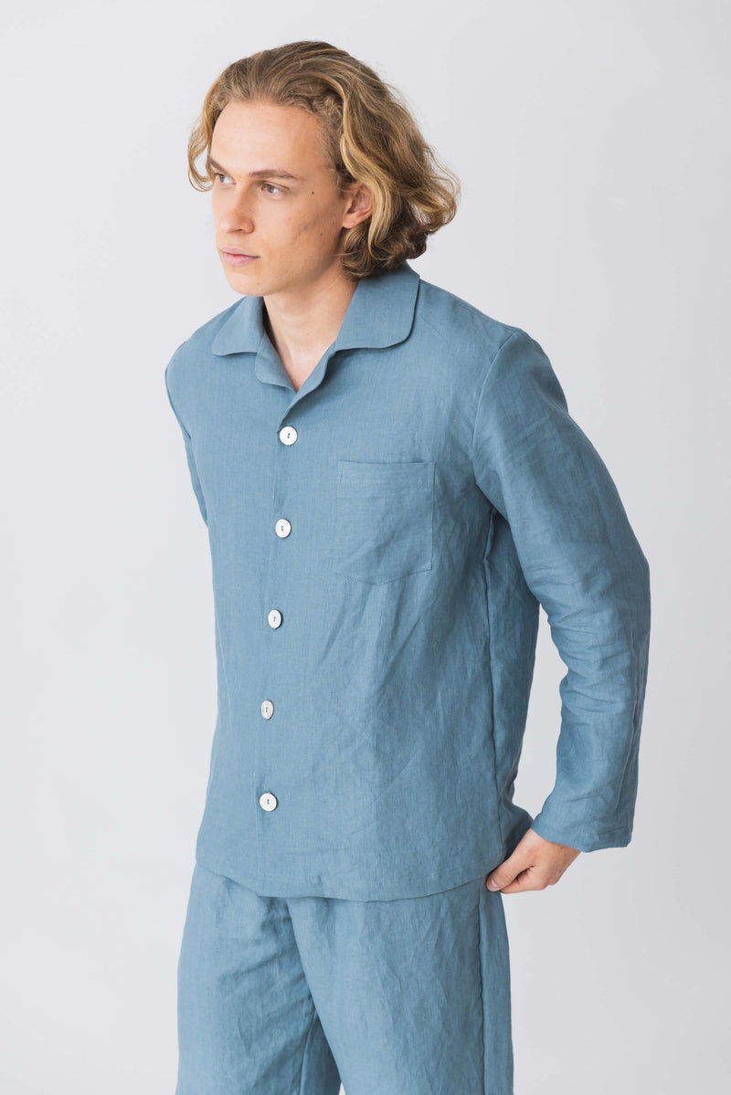 Classic Linen Pajamas Set For Mens  French blue
