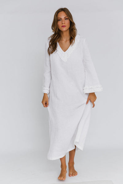 Long Ruffled Linen night dress “Bia” optical white