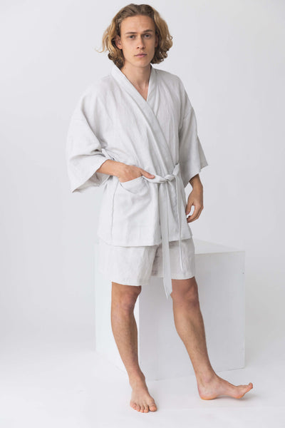 Short linen bathrobe, “Orlando” kimono style stone grey12