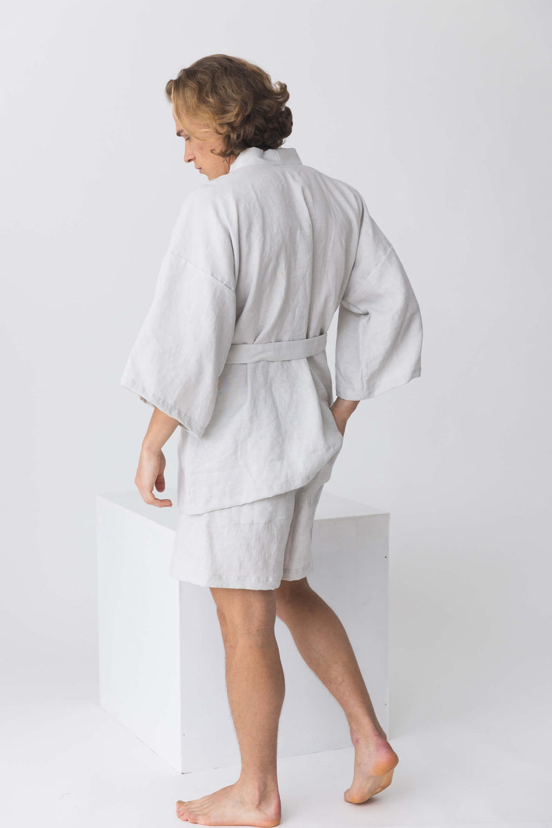  Short bathrobe in washed linen “Orlando” stone grey12