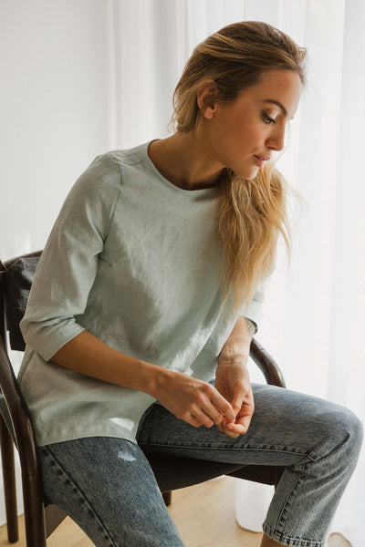Linen Wrap Blouse Wide Boatneck Top icy blue 2