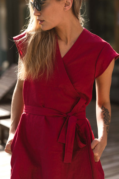 Linen Wrap Dress Portefeuille burgundy