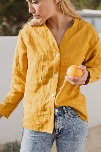 Casual linen long sleeves blouse mustard 15