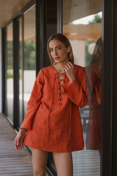 Casual Short washed linen tunic coral 15