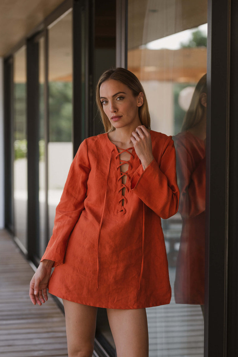 Casual Short washed linen tunic coral 15