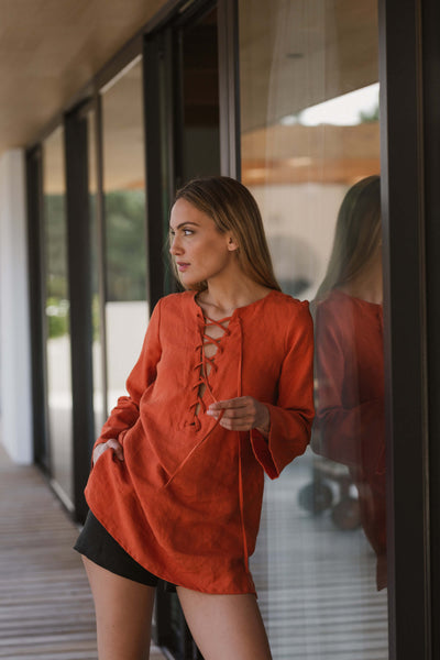 Casual long sleeves linen tunic coral 15